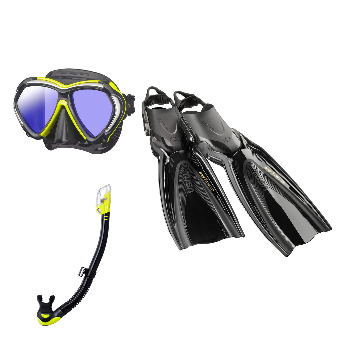 Tusa Paragon mask and Hyperdry Elite II snorkel in black and yellow, with Hyflex Switch Pro fins in black