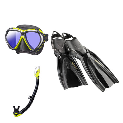 Tusa Paragon mask and Hyperdry Elite II snorkel in black and yellow, with Hyflex Switch Pro fins in black