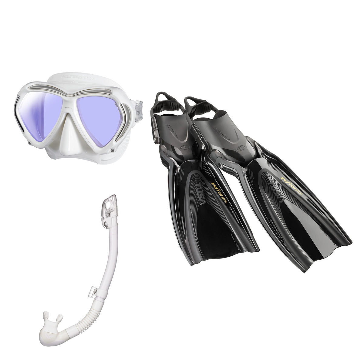 Tusa Paragon mask and Hyperdry Elite II snorkel in white, with Hyflex Switch Pro fins in black