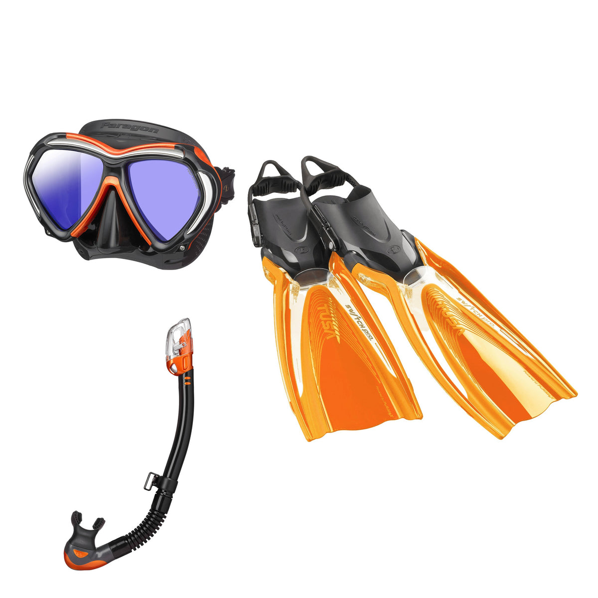 Tusa Paragon mask and Hyperdry Elite II snorkel in black and orange, with Hyflex Switch Pro fins in orange