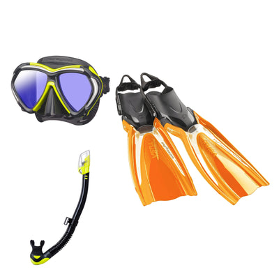 Tusa Paragon mask and Hyperdry Elite II snorkel in black and yellow, with Hyflex Switch Pro fins in orange