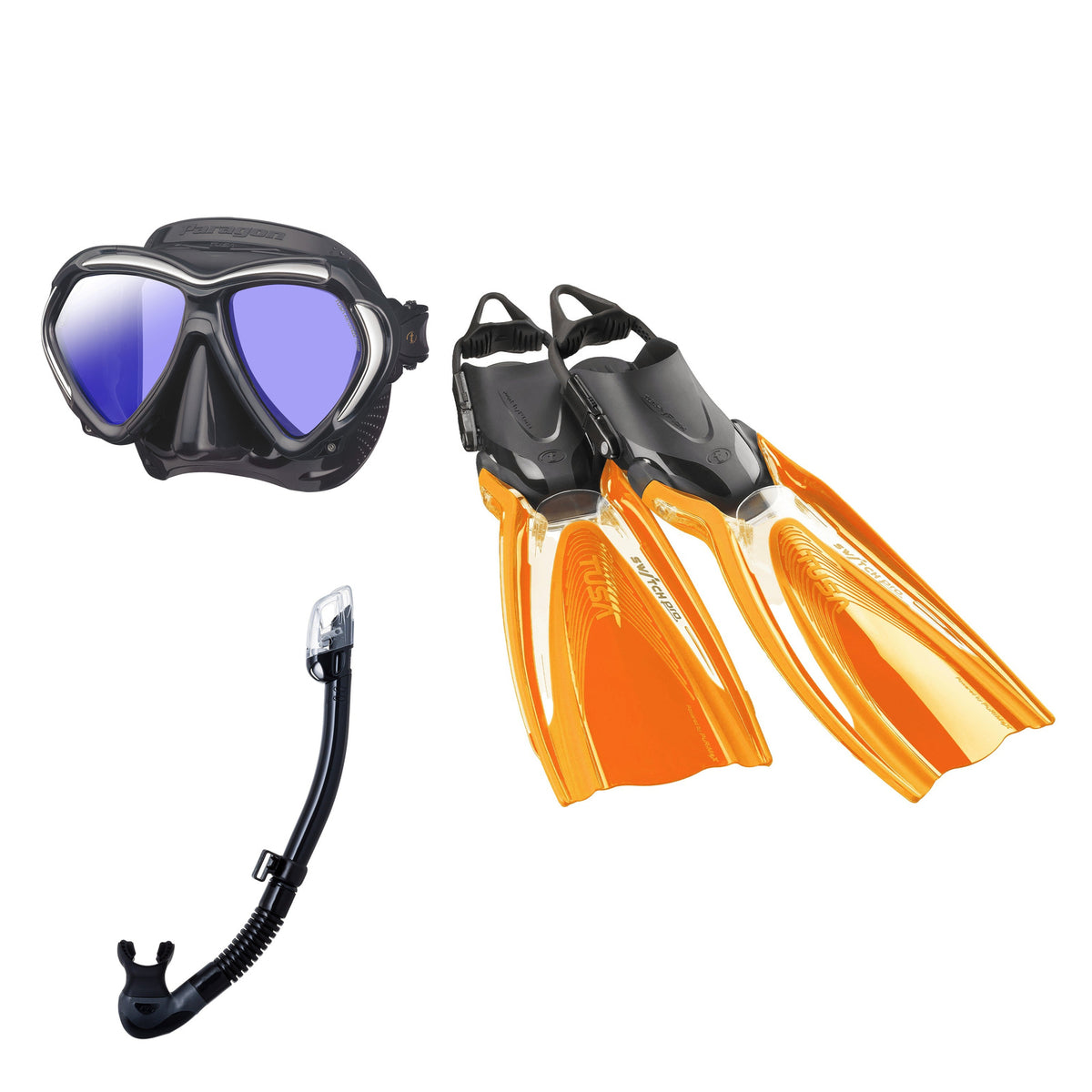 Tusa Paragon mask and Hyperdry Elite II snorkel in black, with Hyflex Switch Pro fins in black