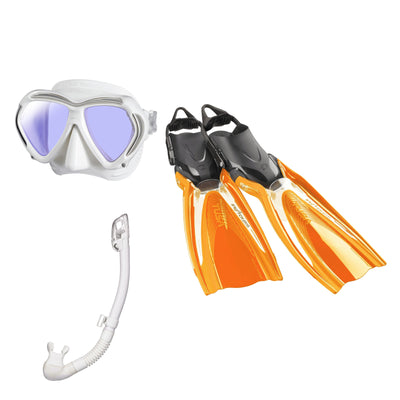 Tusa Paragon mask and Hyperdry Elite II snorkel in white, with Hyflex Switch Pro fins in orange