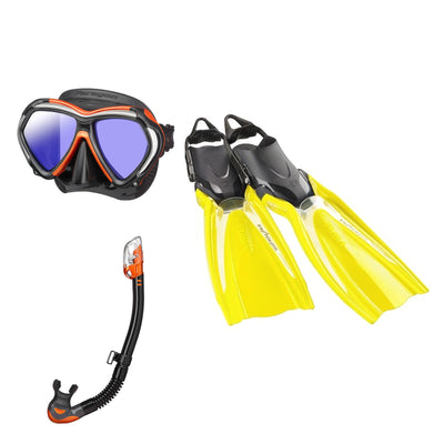 Tusa Paragon mask and Hyperdry Elite II snorkel in black and orange, with Hyflex Switch Pro fins in yellow