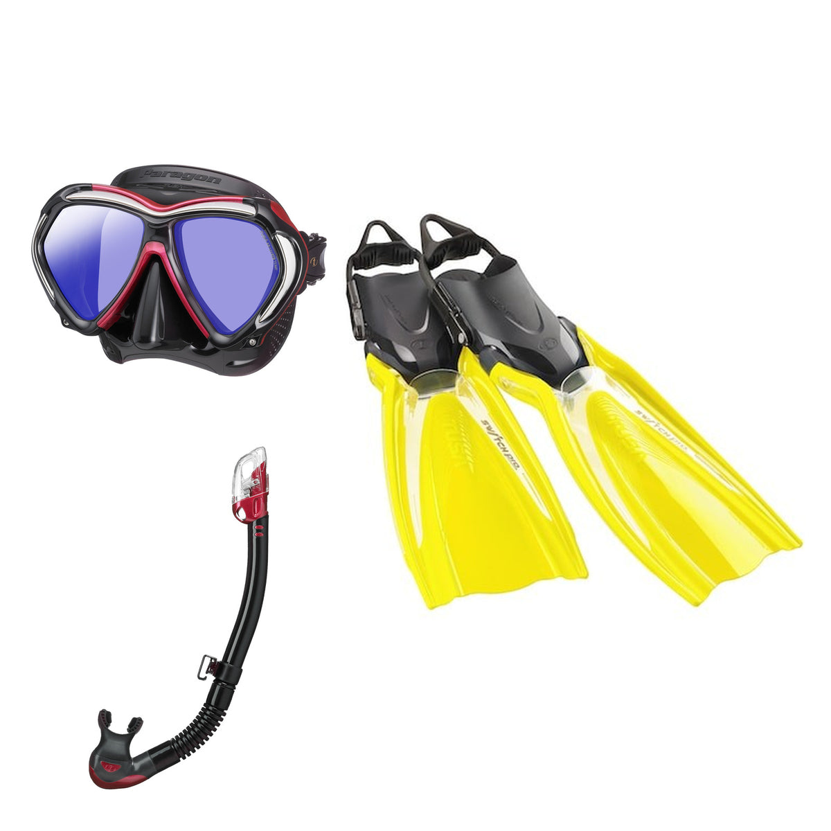 Tusa Paragon mask and Hyperdry Elite II snorkel in black and pink, with Hyflex Switch Pro fins in yellow