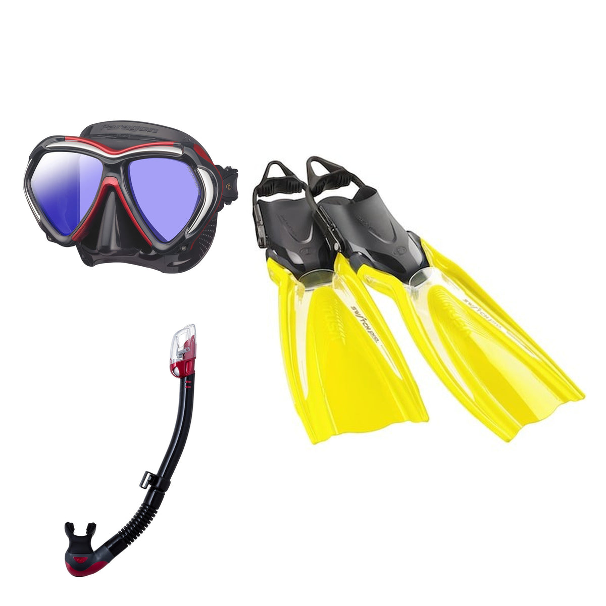 Tusa Paragon mask and Hyperdry Elite II snorkel in black and dark red, with Hyflex Switch Pro fins in yellow