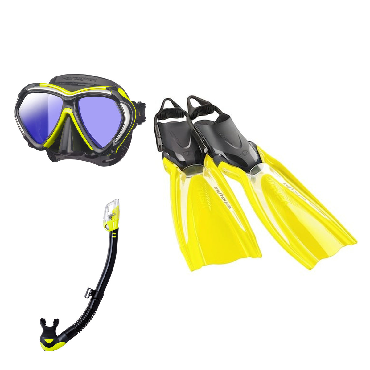 Tusa Paragon mask and Hyperdry Elite II snorkel in black and yellow, with Hyflex Switch Pro fins in yellow