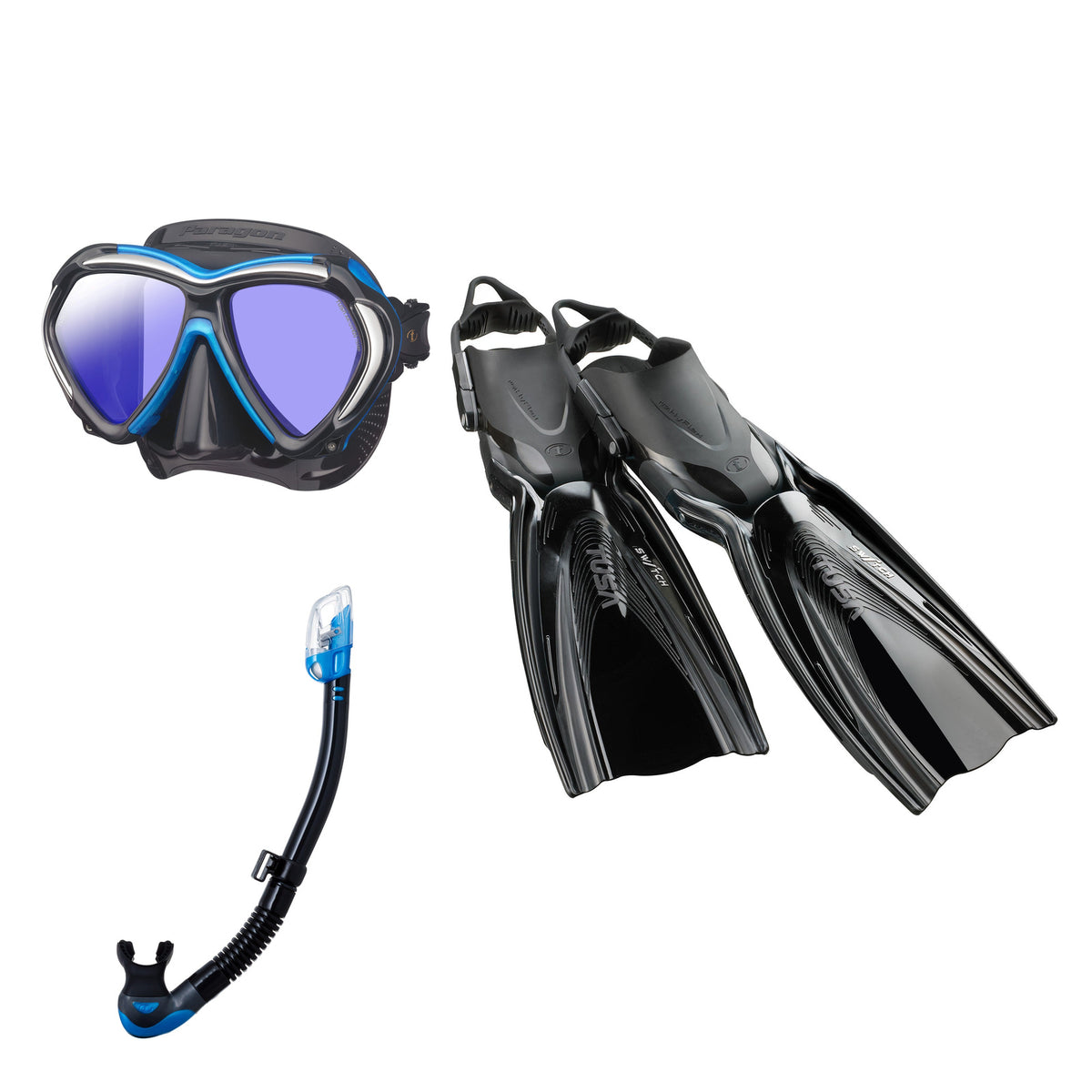 Tusa Paragon mask and Hyperdry Elite II snorkel in black and blue, with Hyflex Switch fins in black