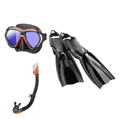 Tusa Paragon mask and Hyperdry Elite II snorkel in black and orange, with Hyflex Switch fins in black