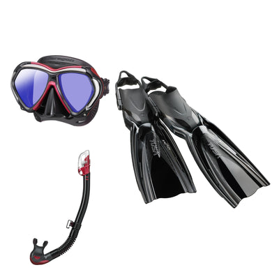 Tusa Paragon mask and Hyperdry Elite II snorkel in black and pink, with Hyflex Switch fins in black
