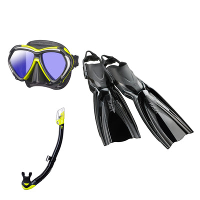 Tusa Paragon mask and Hyperdry Elite II snorkel in black and yellow, with Hyflex Switch fins in black