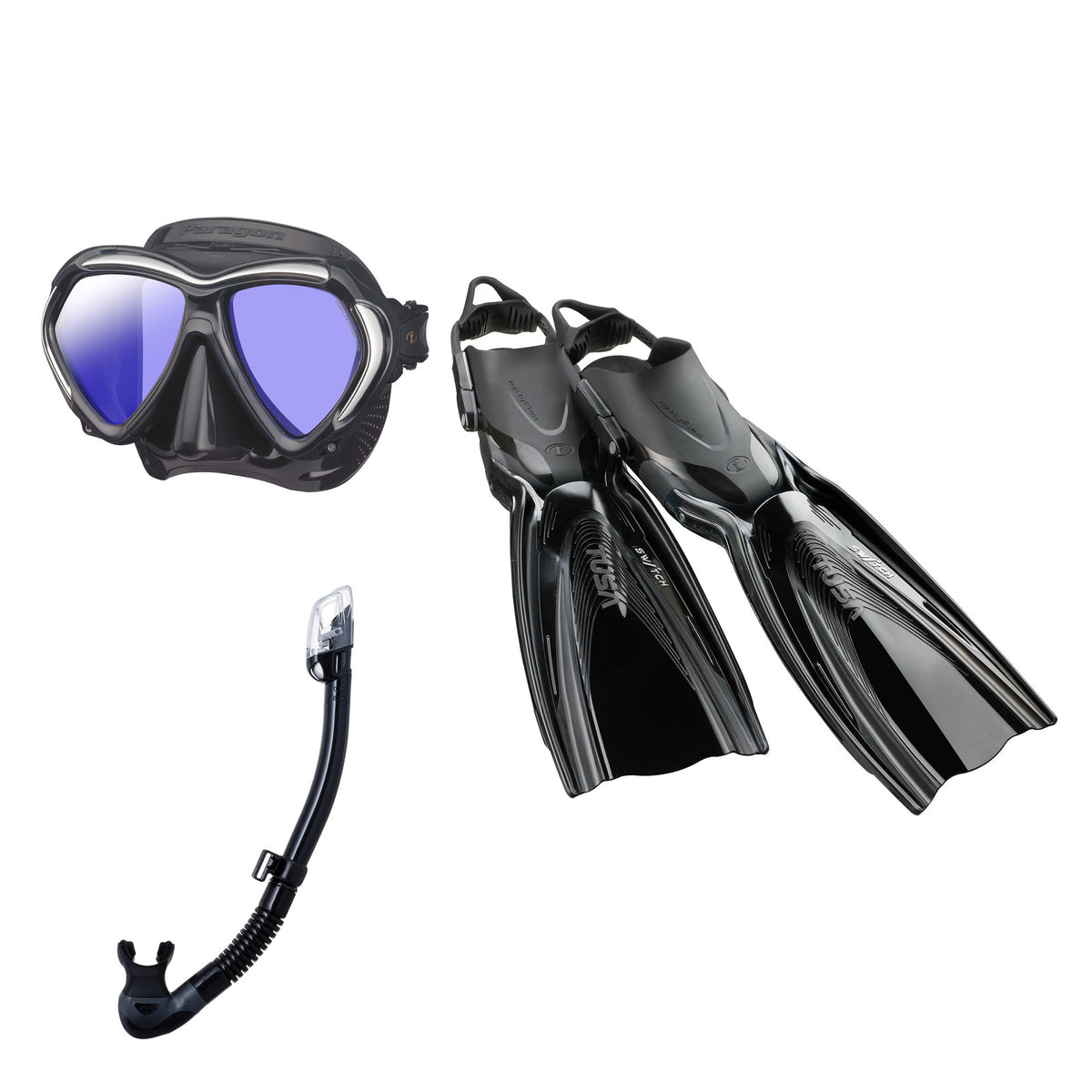 Tusa Paragon mask and Hyperdry Elite II snorkel in black, with Hyflex Switch fins in black