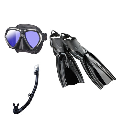 Tusa Paragon mask and Hyperdry Elite II snorkel in black, with Hyflex Switch fins in black