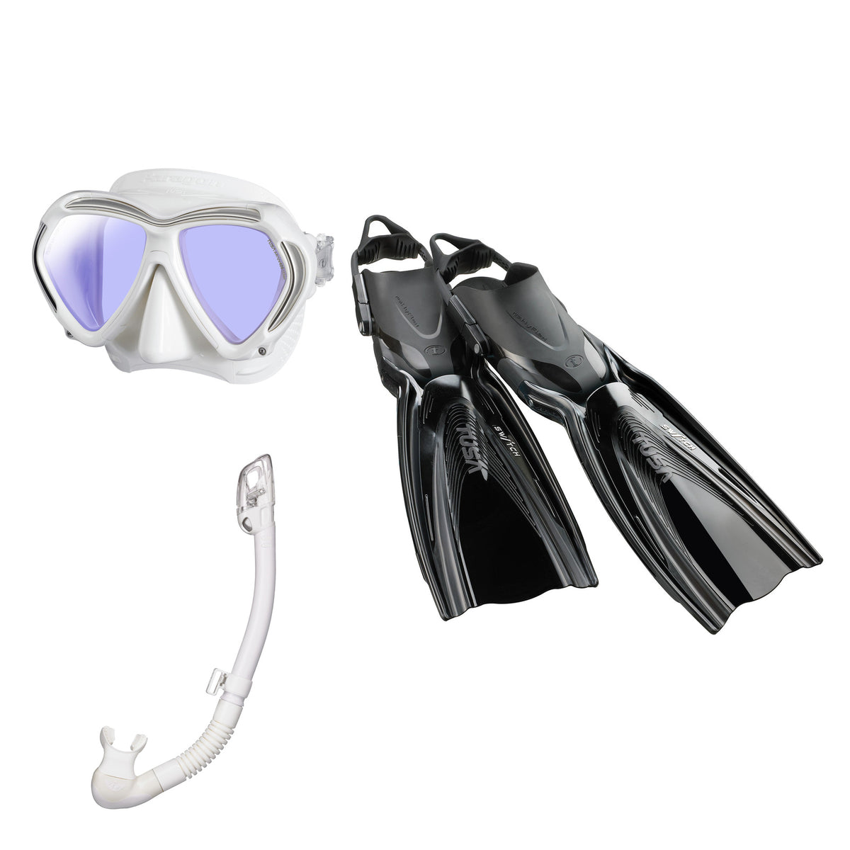 Tusa Paragon mask and Hyperdry Elite II snorkel in white, with Hyflex Switch fins in black