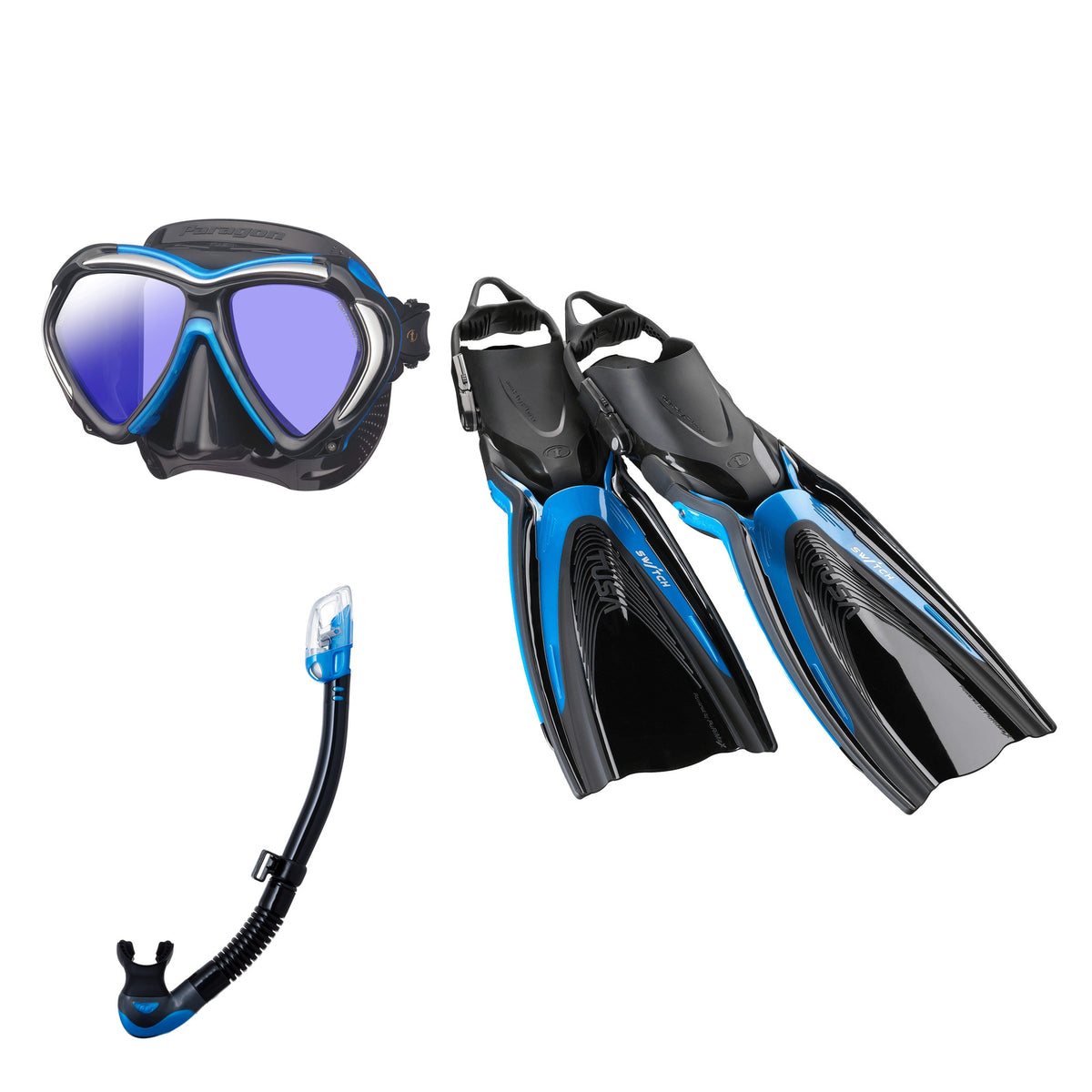 Tusa Paragon mask and Hyperdry Elite II snorkel in black and blue, with Hyflex Switch fins in bright blue