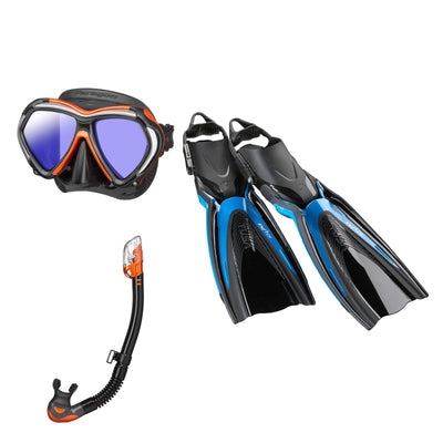 Tusa Paragon mask and Hyperdry Elite II snorkel in black and orange, with Hyflex Switch fins in bright blue