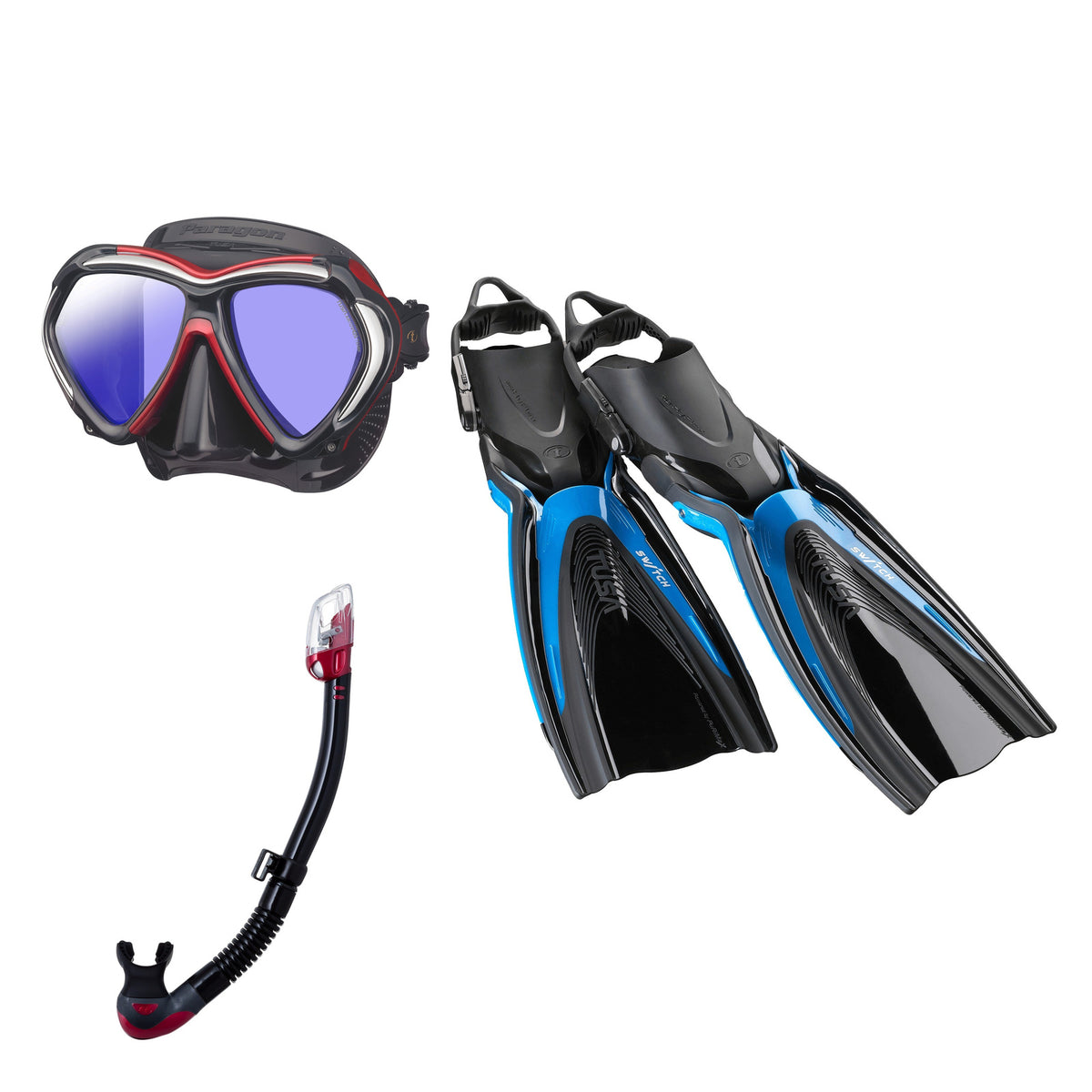 Tusa Paragon mask and Hyperdry Elite II snorkel in black and dark red, with Hyflex Switch fins in bright blue