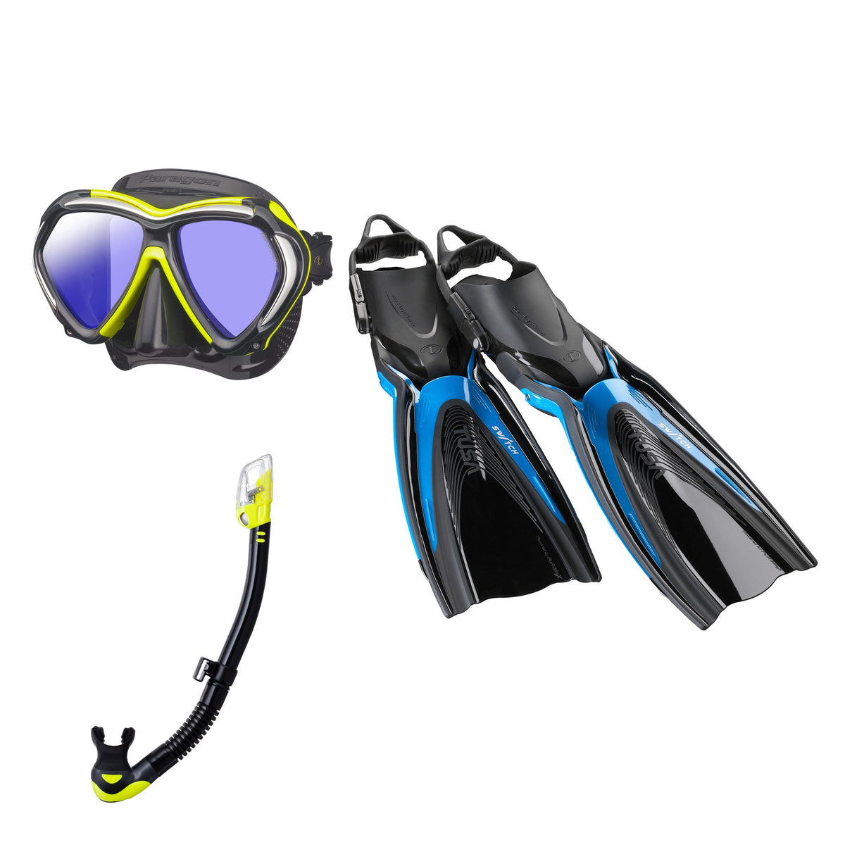 Tusa Paragon mask and Hyperdry Elite II snorkel in black and yellow, with Hyflex Switch fins in bright blue