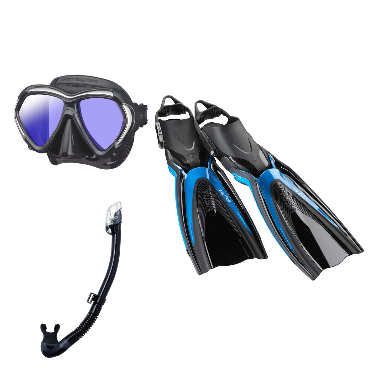 Tusa Paragon mask and Hyperdry Elite II snorkel in black, with Hyflex Switch fins in black