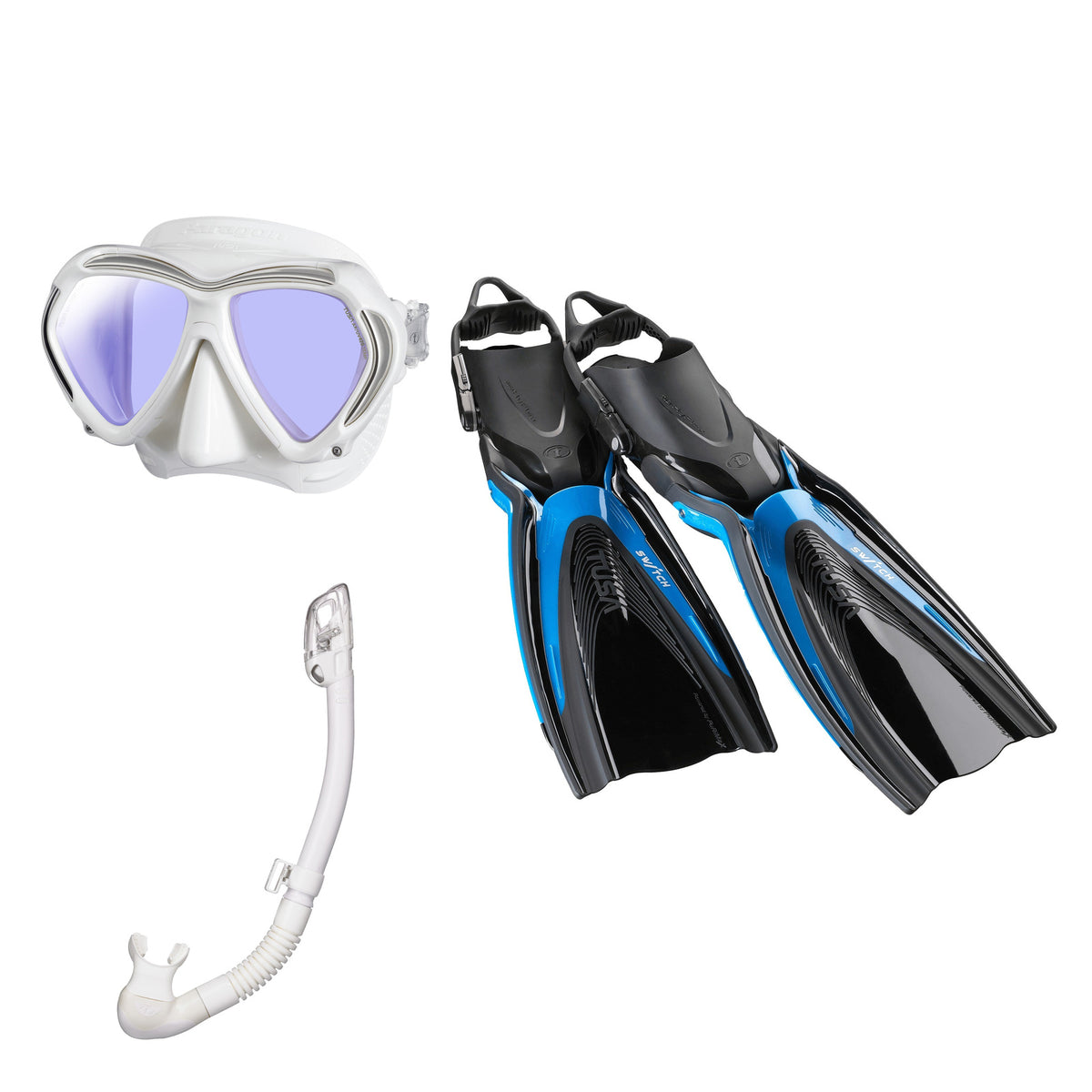 Tusa Paragon mask and Hyperdry Elite II snorkel in white, with Hyflex Switch fins in bright blue