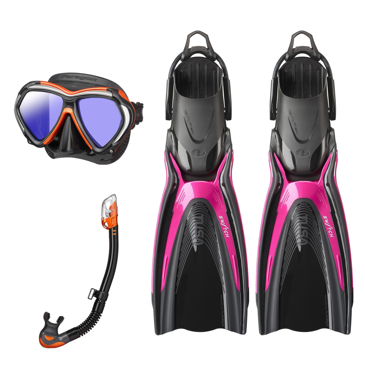 Tusa Paragon mask and Hyperdry Elite II snorkel in black and orange, with Hyflex Switch fins in pink