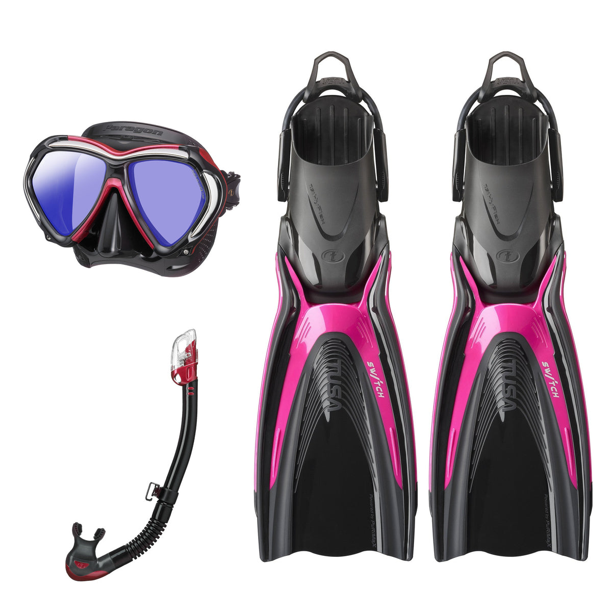 Tusa Paragon mask and Hyperdry Elite II snorkel in black and pink, with Hyflex Switch fins in pink