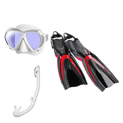 Tusa Paragon mask and Hyperdry Elite II snorkel in white, with Hyflex Switch fins in dark red