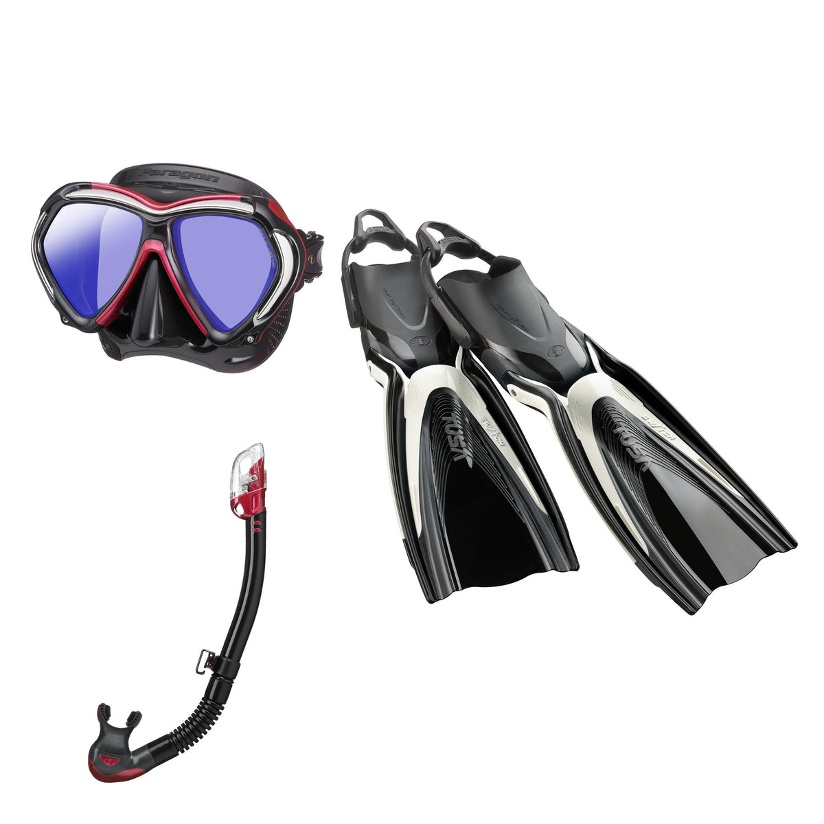 Tusa Paragon mask and Hyperdry Elite II snorkel in black and pink, with Hyflex Switch fins in white