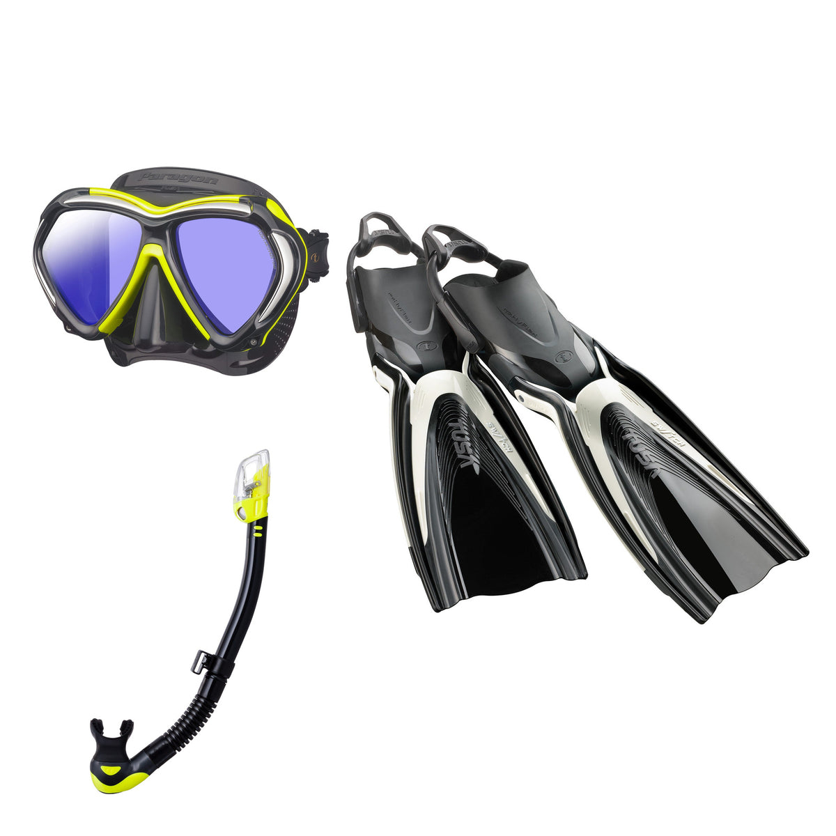 Tusa Paragon mask and Hyperdry Elite II snorkel in black and yellow, with Hyflex Switch fins in white