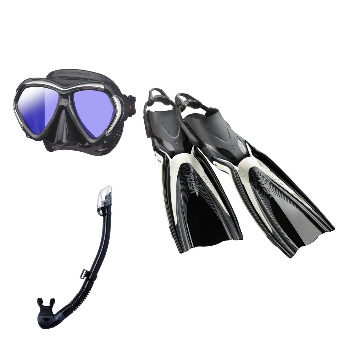 Tusa Paragon mask and Hyperdry Elite II snorkel in black, with Hyflex Switch fins in white