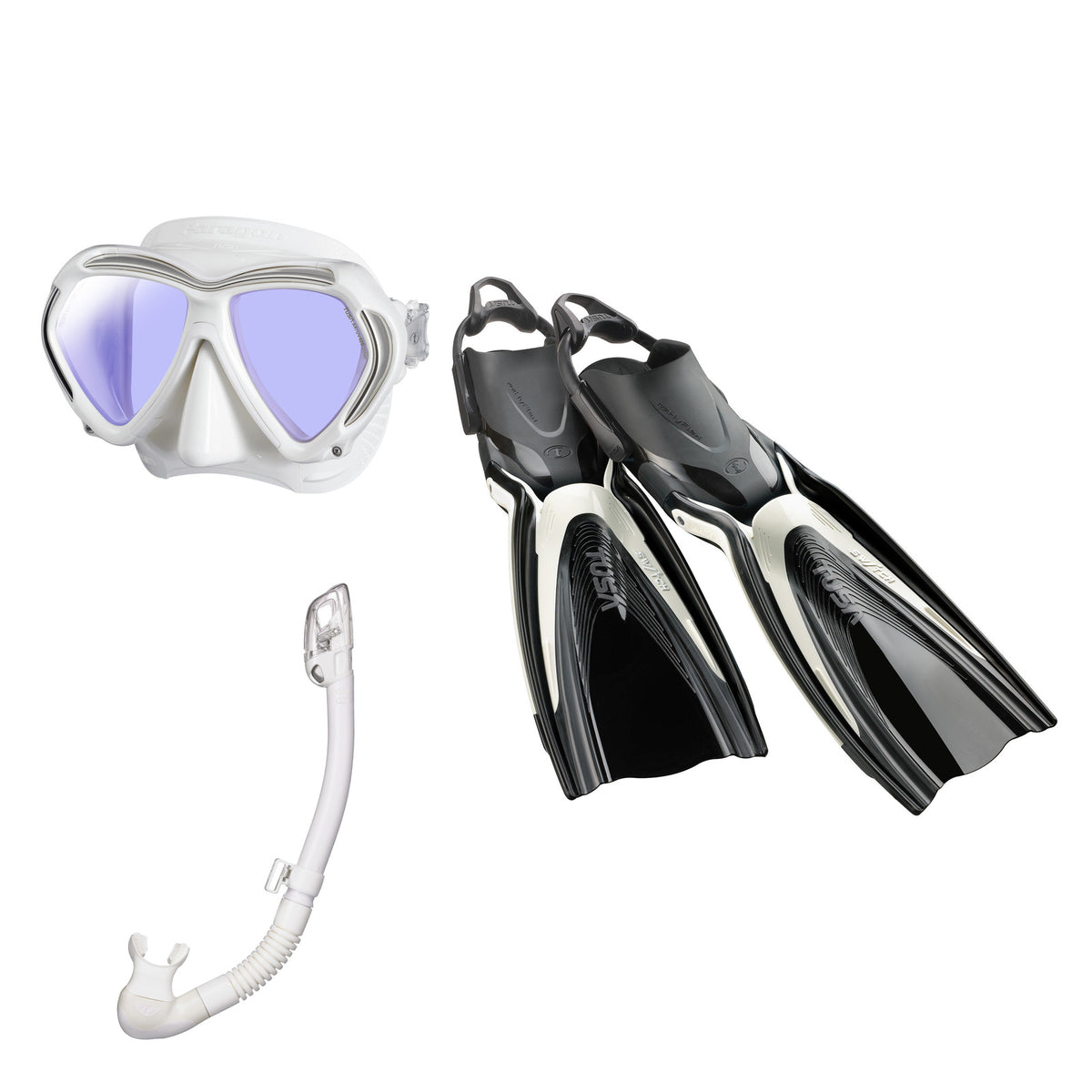 Tusa Paragon mask and Hyperdry Elite II snorkel in white, with Hyflex Switch fins in white