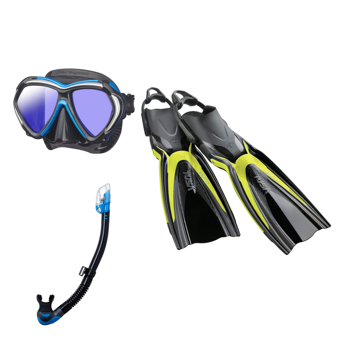 Tusa Paragon mask and Hyperdry Elite II snorkel in black and blue, with Hyflex Switch fins in yellow