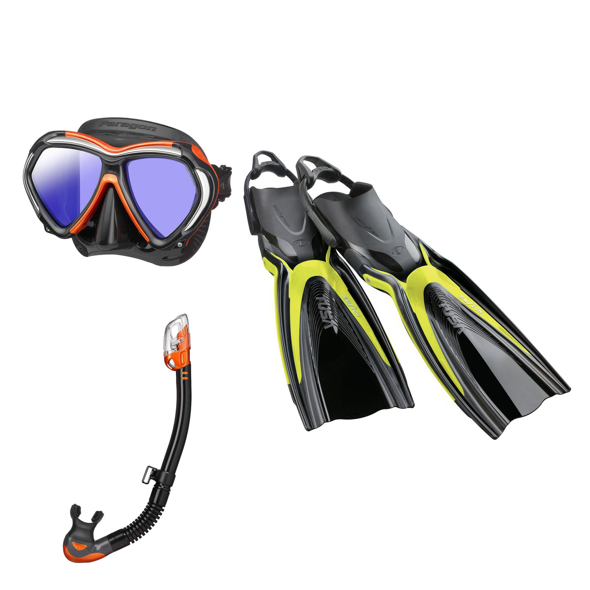 Tusa Paragon mask and Hyperdry Elite II snorkel in black and orange, with Hyflex Switch fins in yellow