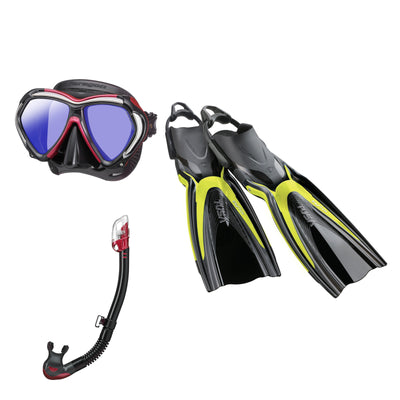Tusa Paragon mask and Hyperdry Elite II snorkel in black and pink, with Hyflex Switch fins in yellow