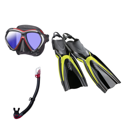Tusa Paragon mask and Hyperdry Elite II snorkel in black and dark red, with Hyflex Switch fins in yellow