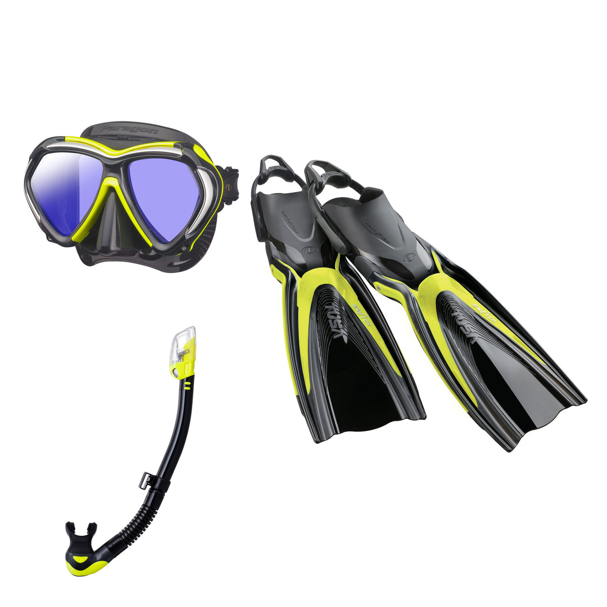Tusa Paragon mask and Hyperdry Elite II snorkel in black and yellow, with Hyflex Switch fins in yellow