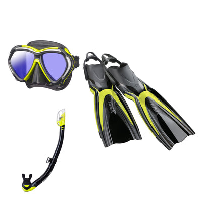 Tusa Paragon mask and Hyperdry Elite II snorkel in black and yellow, with Hyflex Switch fins in yellow