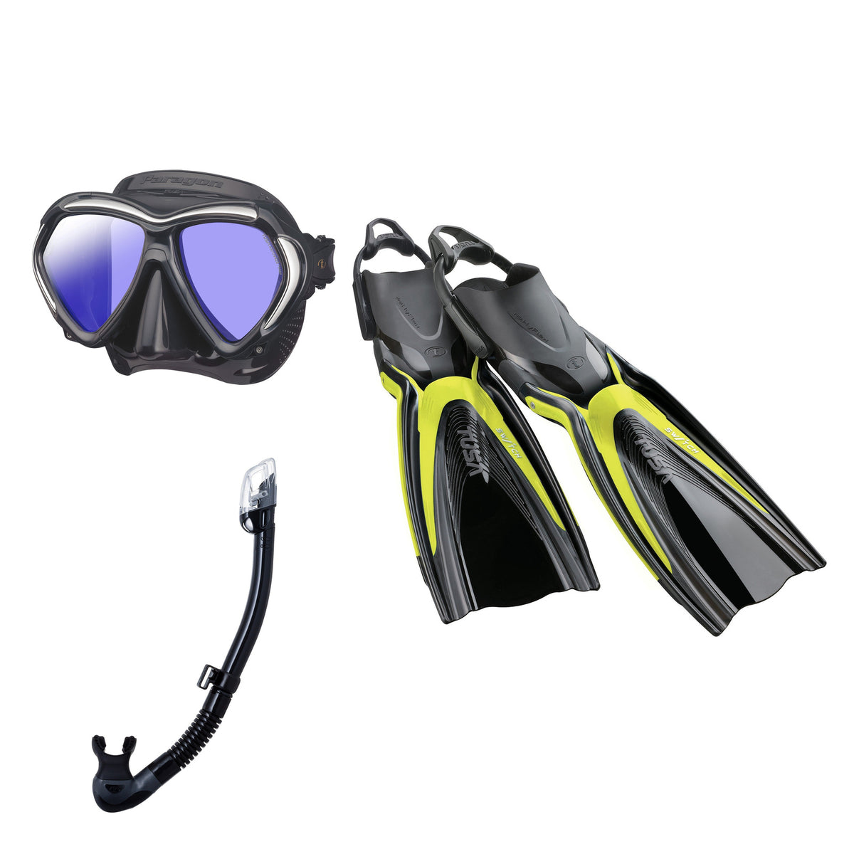 Tusa Paragon mask and Hyperdry Elite II snorkel in black, with Hyflex Switch fins in black