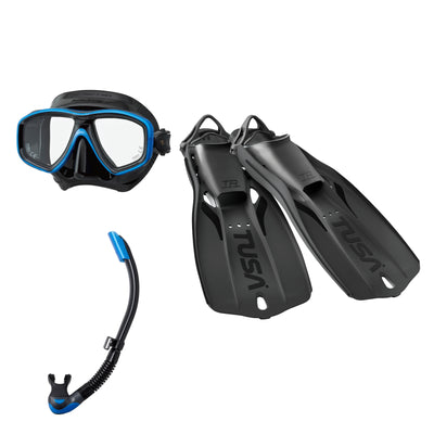 Tusa Freedom Ceos mask and Platina II snorkel in black and blue, with Travel Right fins in black
