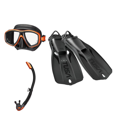 Tusa Freedom Ceos mask and Platina II snorkel in black and orange, with Travel Right fins in black