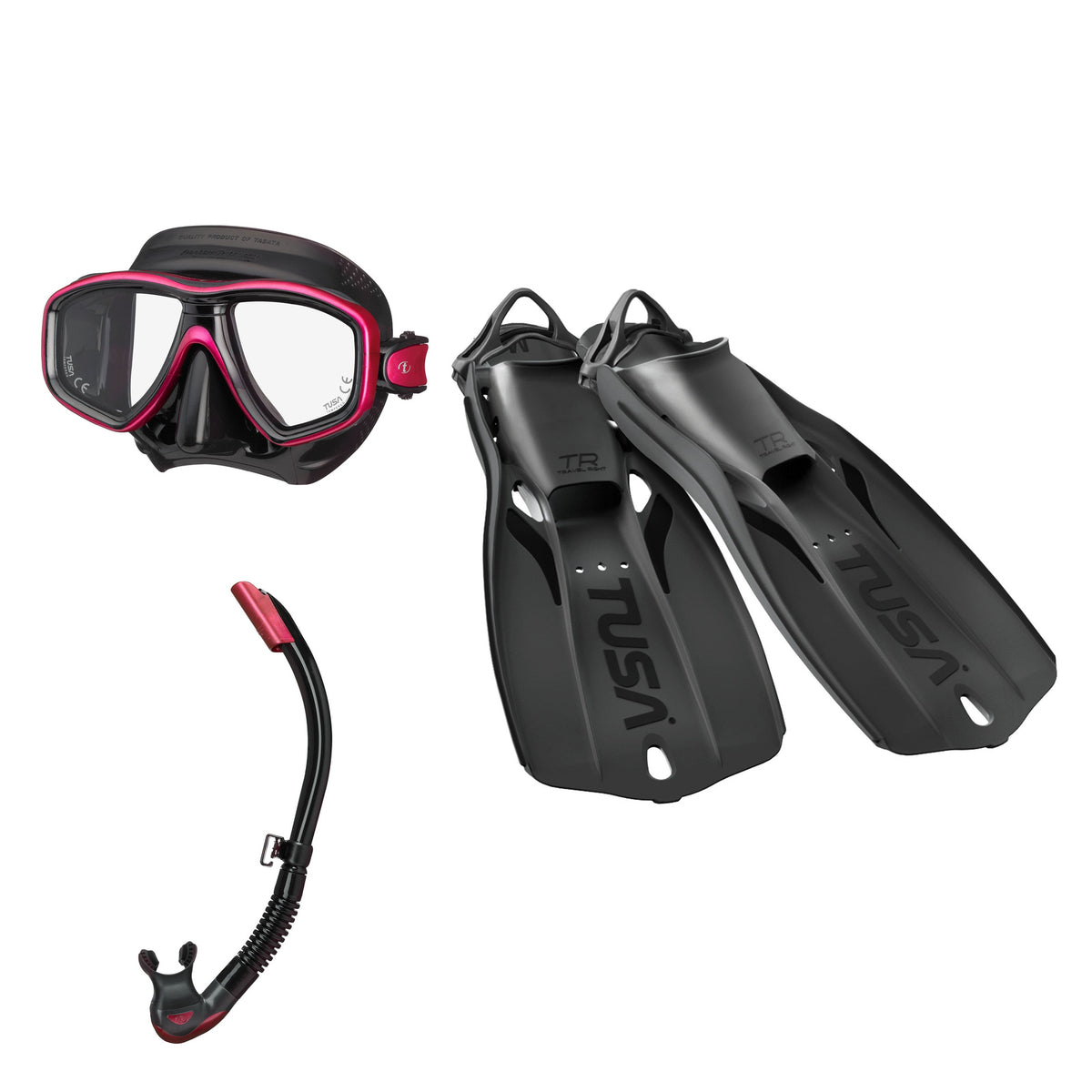 Tusa Freedom Ceos mask and Platina II snorkel in black and pink, with Travel Right fins in black