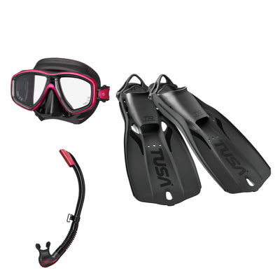 Tusa Freedom Ceos mask and Platina II snorkel in black and pink, with Travel Right fins in black