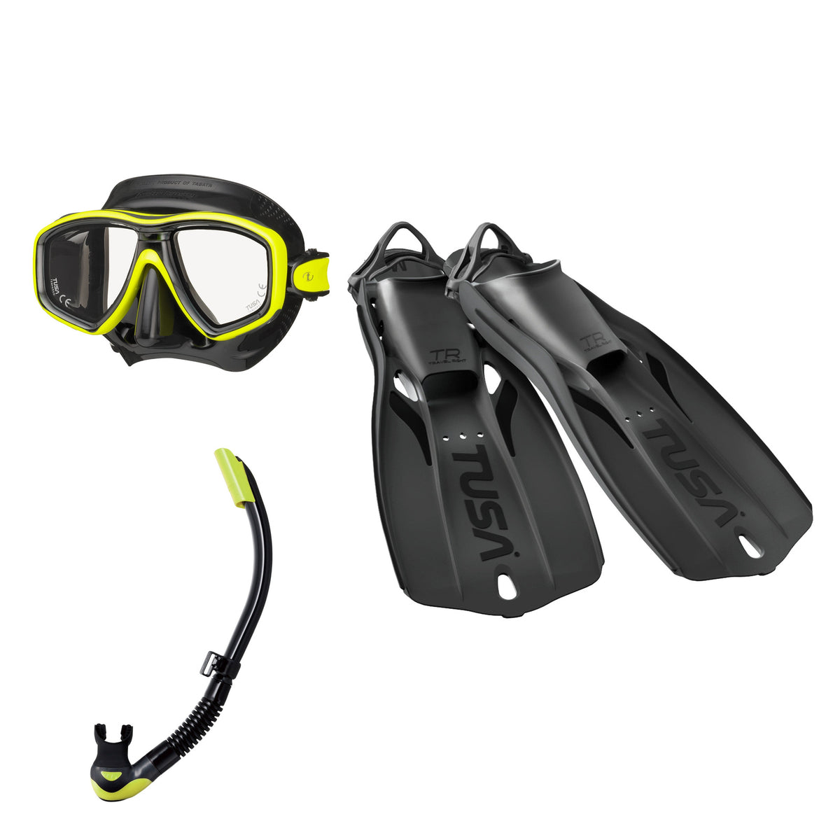 Tusa Freedom Ceos mask and Platina II snorkel in black and yellow, with Travel Right fins in black