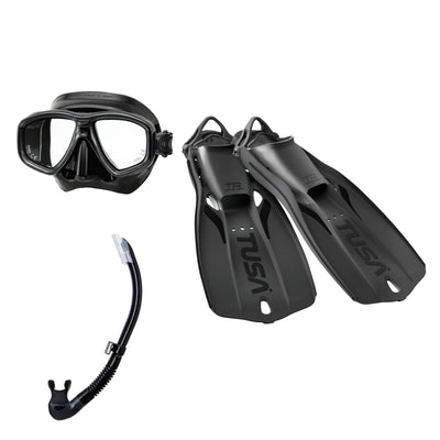 Tusa Freedom Ceos mask and Platina II snorkel in black, with Travel Right fins in black