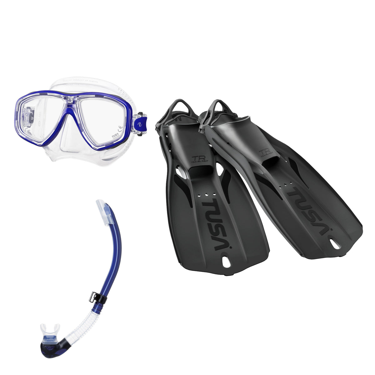 Tusa Freedom Ceos mask and Platina II snorkel in clear and blue, with Travel Right fins in black