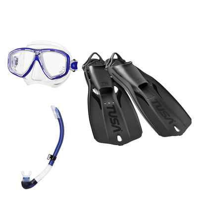 Tusa Freedom Ceos mask and Platina II snorkel in clear and blue, with Travel Right fins in black