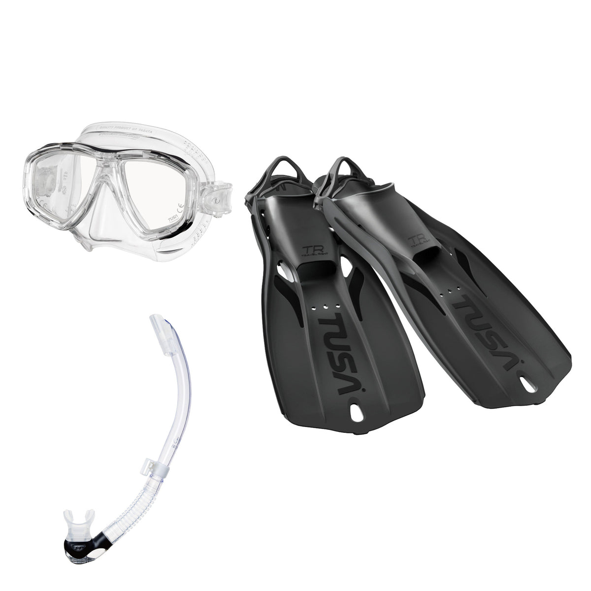 Tusa Freedom Ceos mask and Platina II snorkel in clear, with Travel Right fins in black