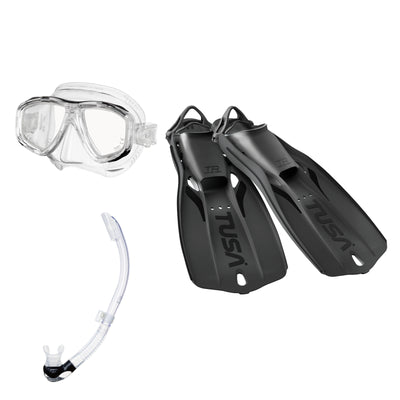 Tusa Freedom Ceos mask and Platina II snorkel in clear, with Travel Right fins in black