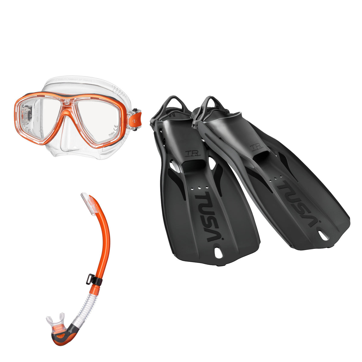 Tusa Freedom Ceos mask and Platina II snorkel in clear and orange, with Travel Right fins in black