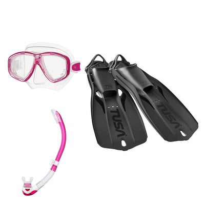 Tusa Freedom Ceos mask and Platina II snorkel in clear and pink, with Travel Right fins in black